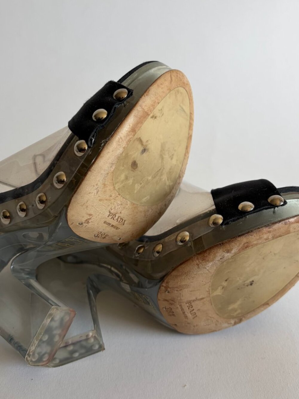 VINTAGE PRADA 2010 RUNWAY CLEAR STUDDED HEELS - Picture 8 of 12